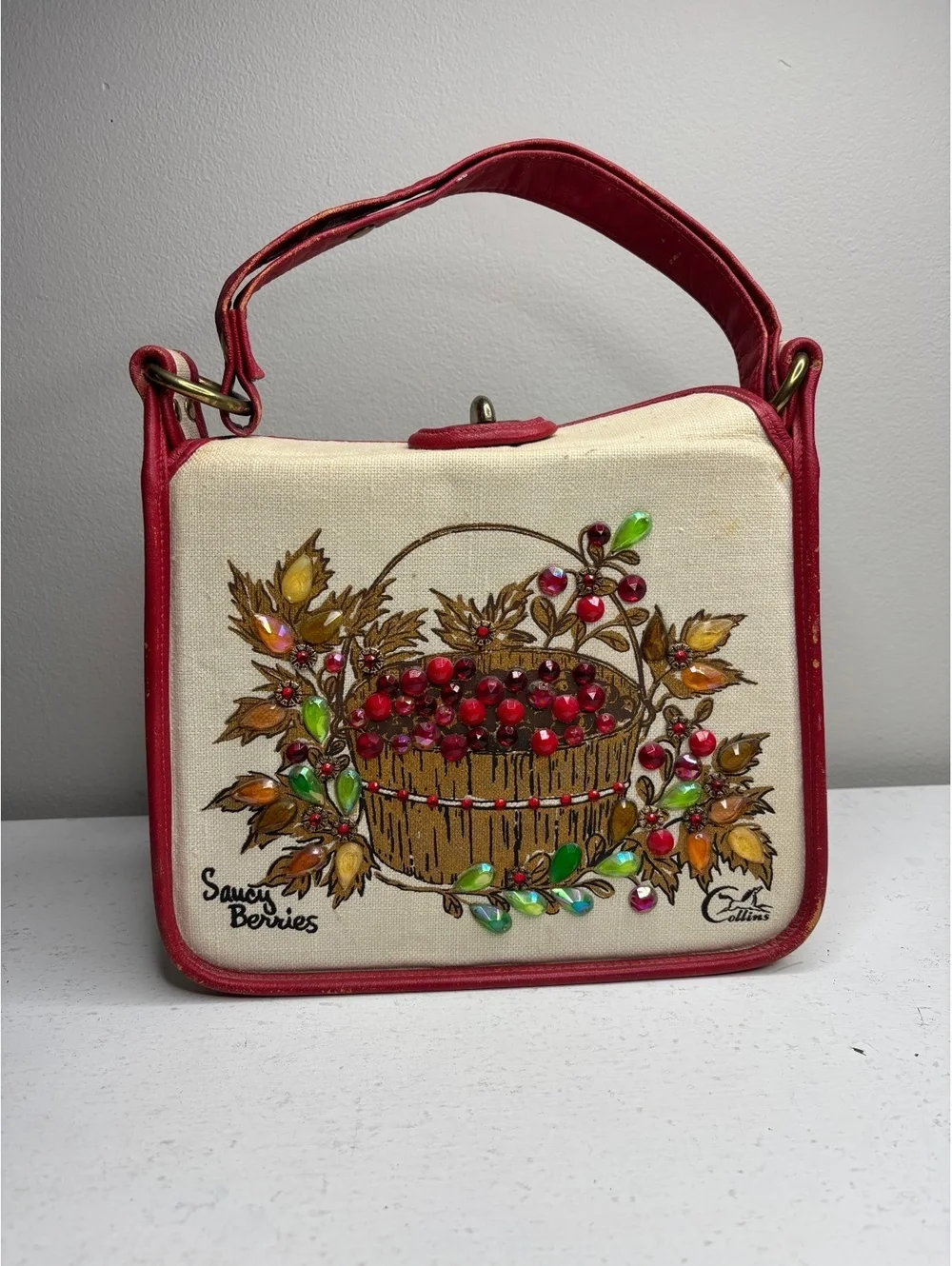 Vintage Enid Collins of Texas Saucy Berries Jeweled Canvas Handbag